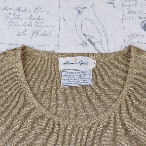 Vntg Herman Geist Gold metallic Long Slv ribbed scoop neck fitted knit top  S - Picture 4 of 7